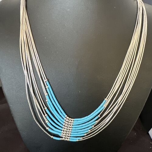 Navajo Blue Turquoise Necklace | 10-Strand | Sterling Liquid Silver Tube Heishi | 22" | 16449