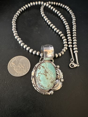 Navajo Blue Golden Hills Turquoise Pendant Necklace | Sterling Silver Pearls | Authentic Native American Handmade | 14997