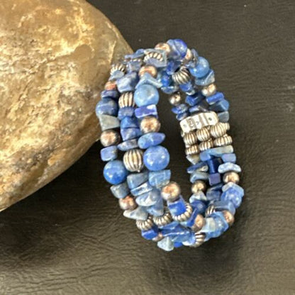 Navajo Lapis Silver Stainless Steel Memory Wire Bracelet | 6mm Beads | 6" | 17616