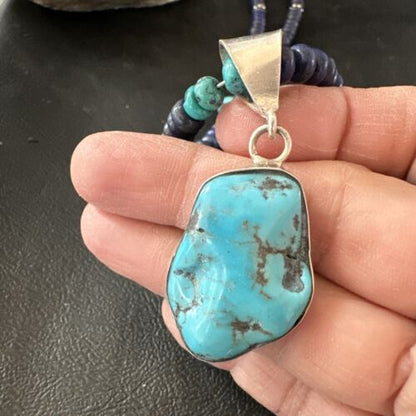 Navajo Lapis Turquoise Pendant Necklace | Sterling Silver | Authentic Native American Handmade | 17434