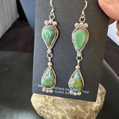 Navajo Green Royston Turquoise Dangle Earrings | Sterling Silver | Authentic Native American Handmade | 17141