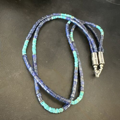 Navajo Blue Turquoise Lapis Necklace | Sterling Silver | 22" | Authentic Native American Handmade | 17554