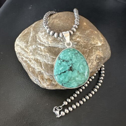 Men's Navajo Blue Spiderweb Turquoise Pendant Necklace | Sterling Silver | Authentic Native American Handmade | 16201