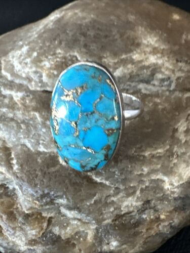 Navajo Blue Mojave Turquoise Ring | Sterling Silver | Adjustable Sz 8 | Authentic Native American Handmade | 15712