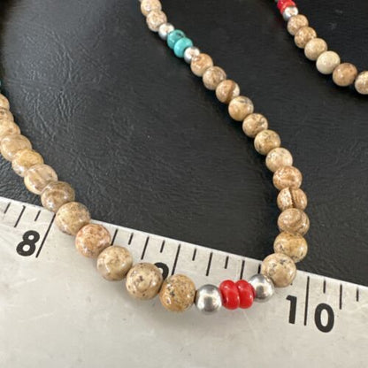 Navajo Turquoise Coral Picture Jasper Necklace | Sterling Silver | 24" | Authentic Native American Handmade | 17607