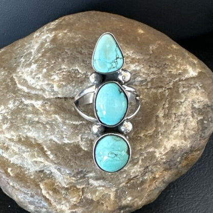 Navajo Blue Dry Creek Turquoise Cluster Ring | Authentic Native American Sterling Silver | Multi-Stone | Sz 8 | 17840