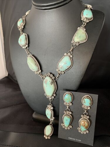 Navajo Blue Turquoise Lariat Necklace Set | Authentic Native American Sterling Silver | 30" | 13834