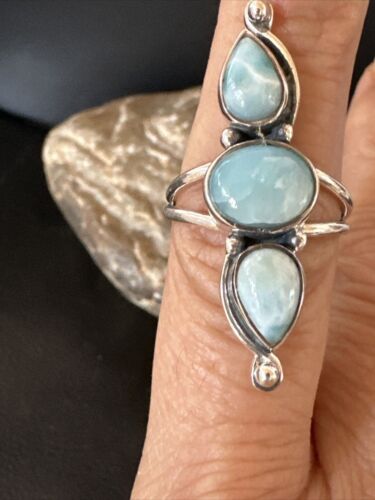 Navajo Women's Cluster Blue Larimar Multi-Stone Ring | Authentic Native American Sterling Silver | Sz 7 | 16162
