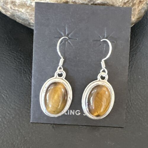 Southwestern Navajo Coffee Tigers Eye Dangle Earrings | Sterling Silver | Authentic Native American Handmade | 16965