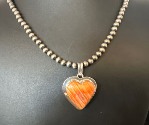 Navajo Orange Heart Spiny Oyster Pendant | Sterling Silver Necklace | Authentic Native American Handmade | 15006