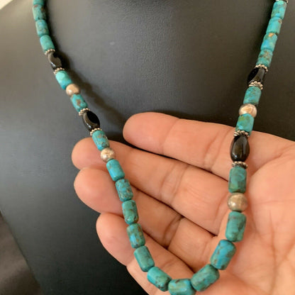 Authentic Tommy Singer Beads Necklace | Turquoise & Onyx | Sterling Silver | Gold | Native American Handmade | 17" | 10390