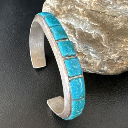 Old Pawn Men's Blue Kingman Turquoise Cuff Bracelet | Zuni Sterling Silver | 15955