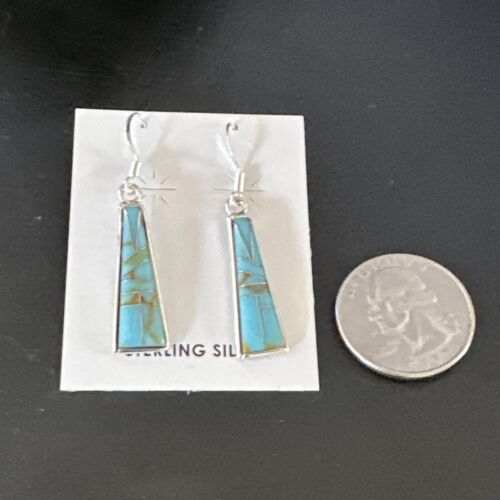 Navajo Blue Turquoise Inlay Earrings | Sterling Silver | 1" | Authentic Native American Handmade | 15699