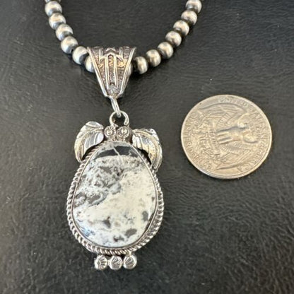 Navajo White Buffalo Turquoise Pendant Necklace | Sterling Silver | Authentic Native American Handmade | 17524