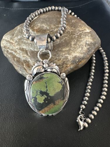 Navajo Green Turquoise Necklace | Sterling Silver | Authentic Native American Handmade | 15036