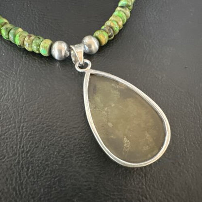 Navajo Green Turquoise Pendant with Pearls | Sterling Silver Necklace | Authentic Native American Handmade | 16917