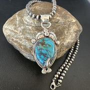 Navajo Blue Turquoise Pendant Necklace | Sterling Silver Pearls | Authentic Native American Handmade | 15647