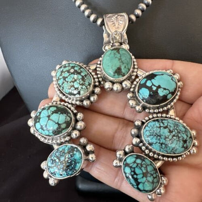 Navajo Men's Blue Turquoise Naja Pendant Necklace | Sterling Silver Pearls | Authentic Native American | 16404