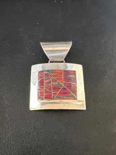 Men's Women's Red Opal Inlay Pendant | Navajo Sterling Silver | Authentic Native American Handmade | 15182