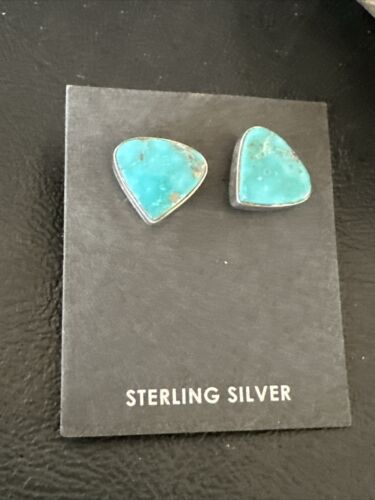 Navajo Blue Kingman Turquoise Post Stud Earrings | Sterling Silver | Authentic Native American Handmade | 17480