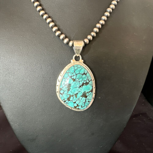 Men's Navajo Blue Spiderweb Turquoise Pendant Necklace | Sterling Silver | Authentic Native American Handmade | 16198