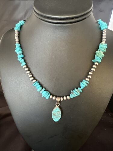 Navajo Kingman Turquoise Pendant Necklace | Sterling Silver | 22" | Authentic Native American Handmade | 14835