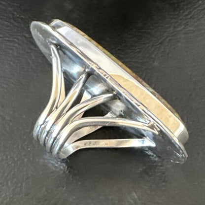 Navajo Ribbon Boulder Green Turquoise Ring | Sterling Silver | Sz 8 | Authentic Native American Handmade | 16383