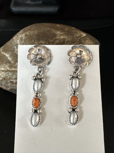 Navajo Orange Spiny Oyster Dangle Earrings | Sterling Silver Pearls | Authentic Native American Handmade | 15328