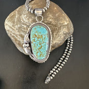Navajo Blue Turquoise #8 Pendant Necklace | Sterling Silver Pearls | Authentic Native American Handmade | 15905