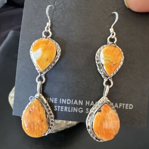 Navajo Orange Spiny Oyster Dangle Earrings | Sterling Silver | 1.5" | Authentic Native American Handmade | 16562