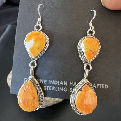 Navajo Orange Spiny Oyster Dangle Earrings | Sterling Silver | 1.5" | Authentic Native American Handmade | 16562