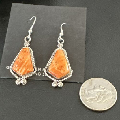Navajo Orange Spiny Oyster Dangle Earrings | Sterling Silver | Authentic Native American Handmade | 17273