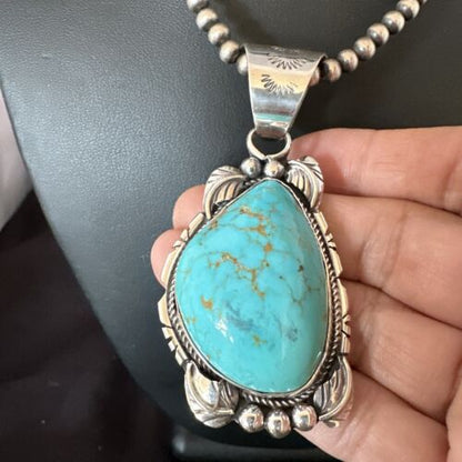 Navajo Men's Blue Kingman Turquoise Pendant Necklace | Sterling Silver | Authentic Native American Handmade | 17477