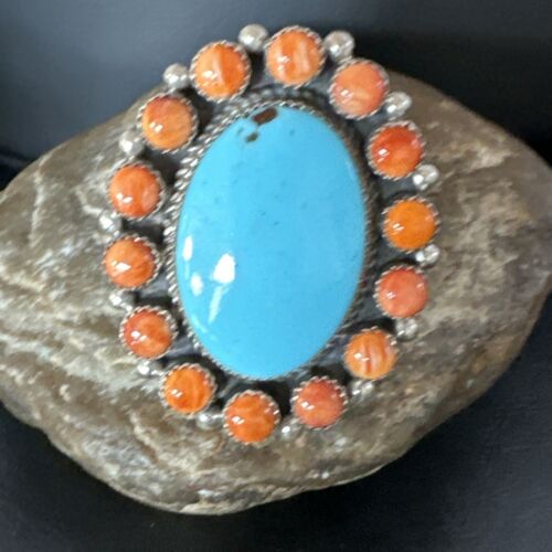 Navajo Turquoise & Spiny Oyster Cluster Ring | Authentic Native American Sterling Silver | Multi-Stone | Sz 12 | 16027