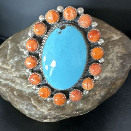 Navajo Turquoise & Spiny Oyster Cluster Ring | Authentic Native American Sterling Silver | Multi-Stone | Sz 12 | 16027