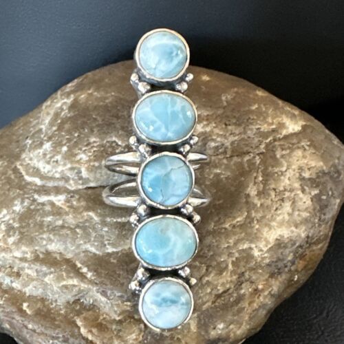 Navajo Blue Larimar Multi-Stone Ring | Authentic Native American Sterling Silver | Multi-Stone | Sz 8 | 15931