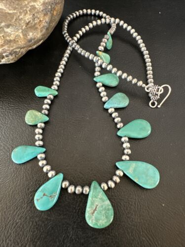 Southwestern Navajo Pearls Necklace | Sterling Silver | Green Turquoise Teardrop | 15762