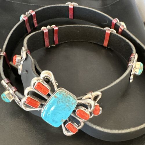 Men's Kingman Turquoise Coral Concho Belt | Sterling Silver | Navajo Tufa | 16681