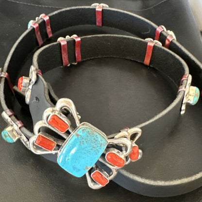 Men's Kingman Turquoise Coral Concho Belt | Sterling Silver | Navajo Tufa | 16681