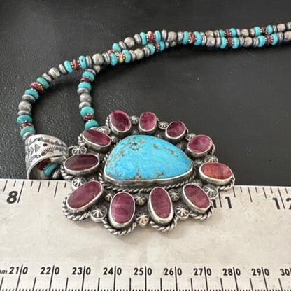 Navajo XL Turquoise Purple Spiny Cluster Pendant Necklace | Sterling Silver | Native American Handmade | 17427