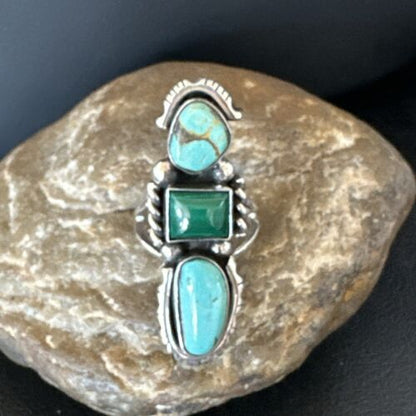 Navajo Blue Turquoise Malachite Cluster Ring | Authentic Native American Sterling Silver | Multi-Stone | Sz 10 | 17643