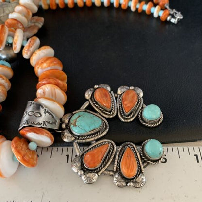 Orange Spiny Turquoise Naja Navajo Pendant Necklace | Sterling Silver | 30" | Authentic Native American Handmade | 14007