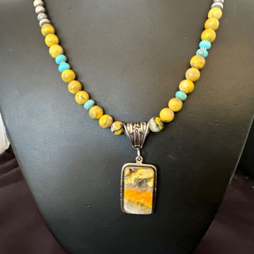 Men's BumbleBee Jasper Pendant Necklace | Navajo Pearls | Sterling Silver | Authentic Native American Handmade | 16874