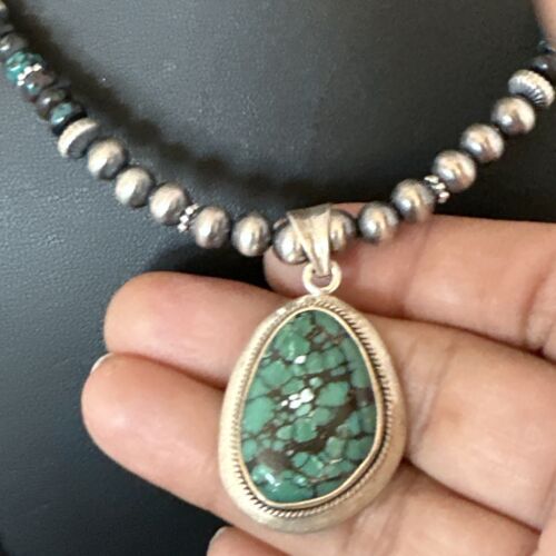 Men's Navajo Blue Spiderweb Turquoise Pendant Necklace | Sterling Silver | Native American Handmade | 16240