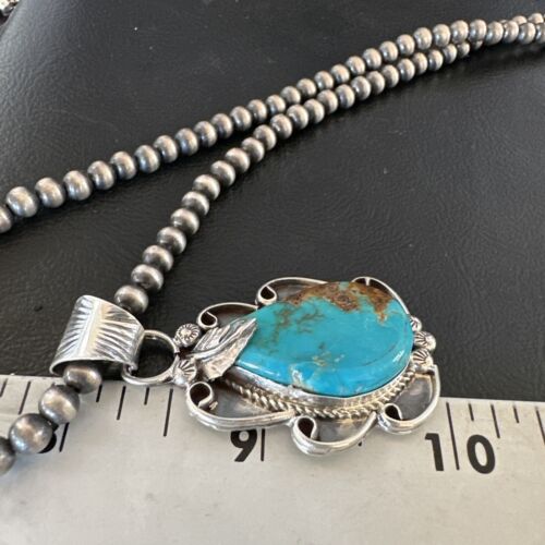 Men's Blue Kingman Turquoise Pendant Necklace | Navajo Pearls | Sterling Silver | 16022
