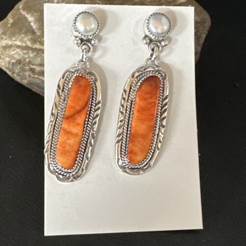 Navajo Red Spiny Oyster Pearl Dangle Earrings | Sterling Silver | Authentic Native American Handmade | 15325