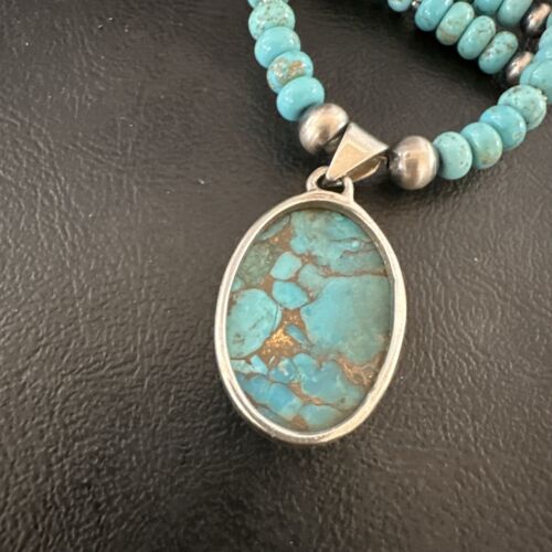 Navajo Blue Mojave Turquoise Pendant | Sterling Silver Pearl Necklace | Authentic Native American Handmade | 17079