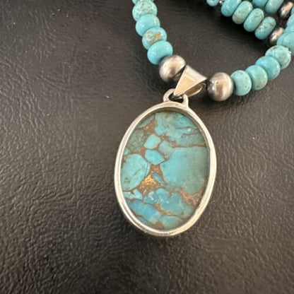 Navajo Blue Mojave Turquoise Pendant | Sterling Silver Pearl Necklace | Authentic Native American Handmade | 17079