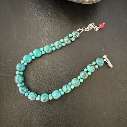 Navajo Blue Turquoise Bead Bracelet | Sterling Silver Link | 8" | Authentic Native American Handmade | 17230