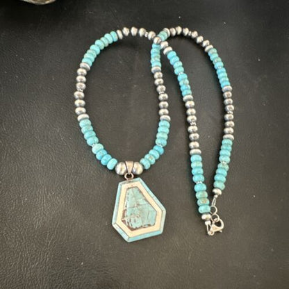 Navajo Turquoise Inlay Pendant Necklace | Sterling Silver | Authentic Native American Handmade | 17078